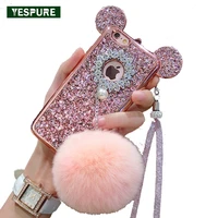 yespure fancy bling gliter case for iphone 6 6s 7 8 plus celular fur ball tpu cover case girl phone accessory mobile phone shell