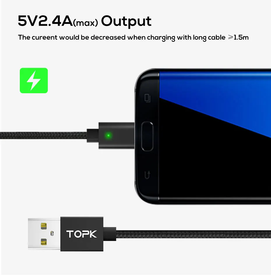 Магнитный кабель Micro USB TOPK F-Line и кабель usb type-C для синхронизации данных, светодиодный кабель с нейлоновой оплеткой и магнитным индикатором для зарядного устройства USB C