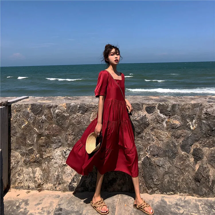 3 цвета женские длинные платья одноцветное с коротким рукавом в винтажном стиле