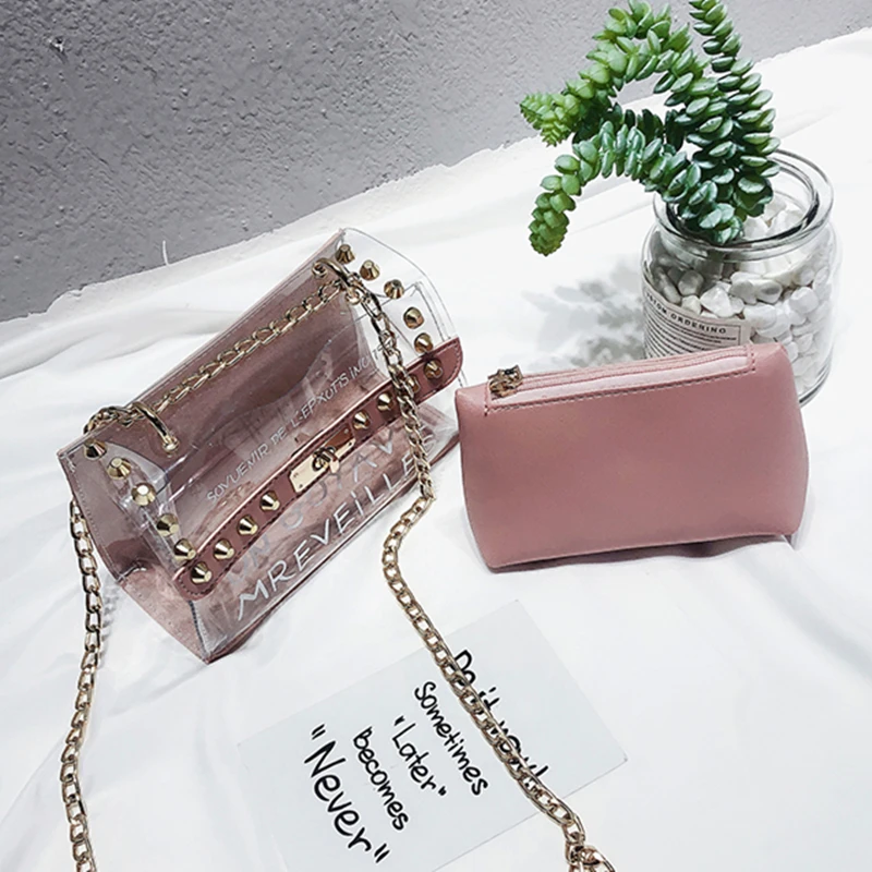 

2in1 Transparent PVC Handbags Fashion Women Rivet Composite Bag Letter Crossbody Chains Bag