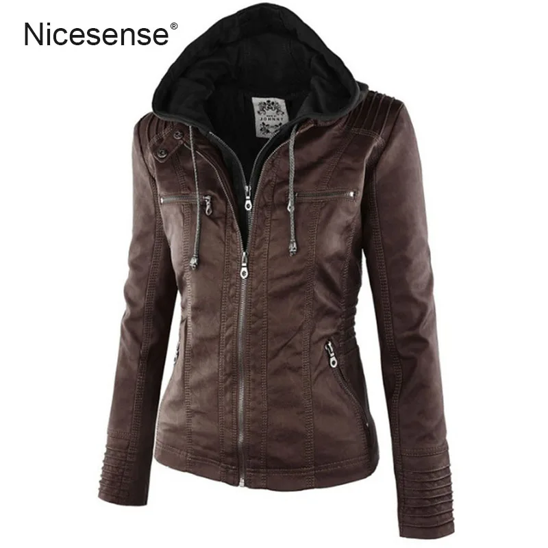 Женская кожаная куртка Nicesense мотоциклетная с капюшоном осень 2019|leather jacket women|leather