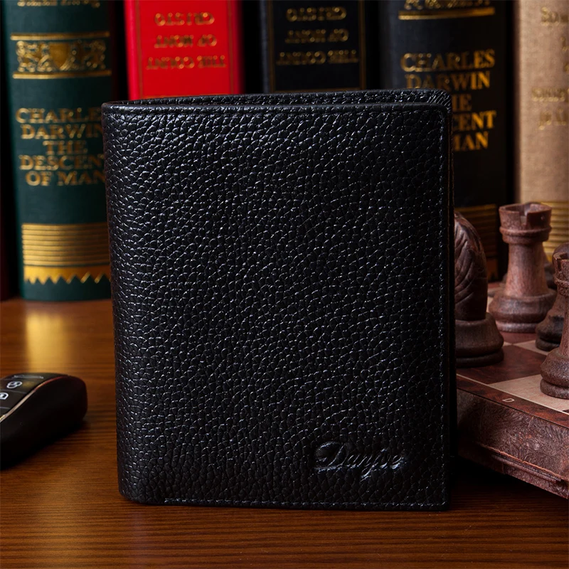 Luxury Men Small Wallet Genuine Leather Black Bi-fold Money Purse for High Quality Men's Coin Bag DANJUE Brand | Багаж и сумки