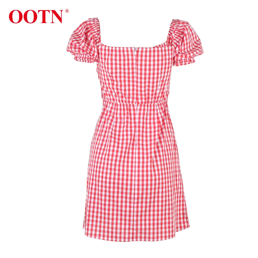 OOTN Красное Белое клетчатое женское мини-платье кружевные буффы на рукавах винтажные летние сарафаны Повседневные женские короткие платья на шнурке