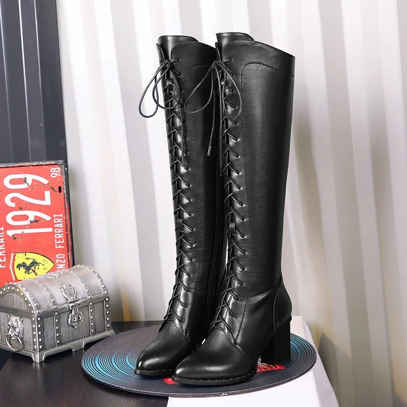Black thin velvet ODS/Брендовая женская зимняя обувь; сапоги из натуральной кожи; сапоги до колена на шнуровке в байкерском стиле; женские ботинки на молнии с заклепками; zapatos mujer; 42 - Цвет: Black thin velvet
