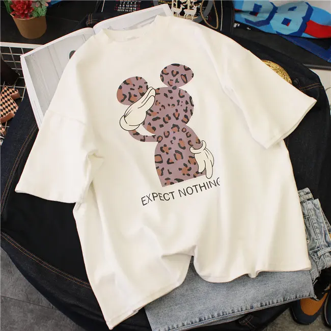 white Женская футболка Kawaii с героями мультфильма «Салют Маус», Harajuku, Корейская одежда, летний топ с коротким рукавом, хлопковая Футболка с принтом, женские футболки - Цвет: white