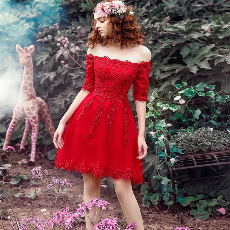 Простые Красные кружевные платья подружки невесты с вырезом лодочкой и бисером