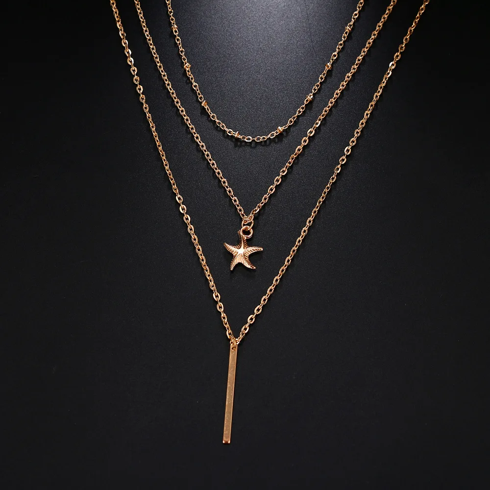Женское многослойное ожерелье золотистого цвета в виде звезды цепочка из бисера