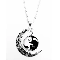 2018 new dome glass black and white two cat pendant moon chain unique charm girl necklace private custom