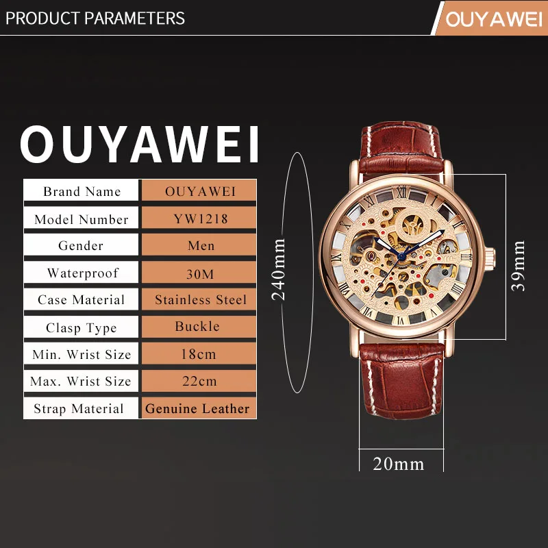 OUYAWEI Роскошные Брендовые мужские золотистые часы-скелетоны повседневные часы