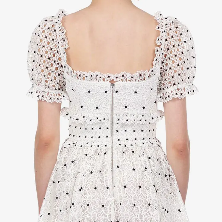 

JSXDHK 2019 Summer Fashion Women White Dot Print Backless Party Long Dress Vintage Floral Hollow Out Lace Dress