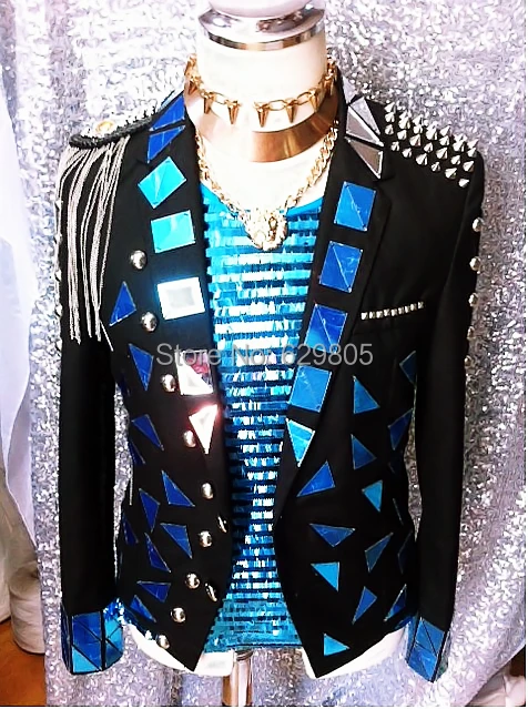 

New fashion male black Sequins jacket rivet epaulet tassels bar stage show costume nightclub Dj bodysuit blazer singer outerwear