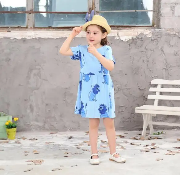 Children kids Summer Dress Baby Girls Cartoon Lion Print Short Sleeve Princess Blue | Детская одежда и обувь