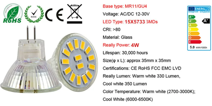10PCS Set 4W LED Lamp Energy Saving AC/DC 12-30V MR11 GU4 5733 SMD Led Spotlight Spot Light Bulb Cool/Warm White