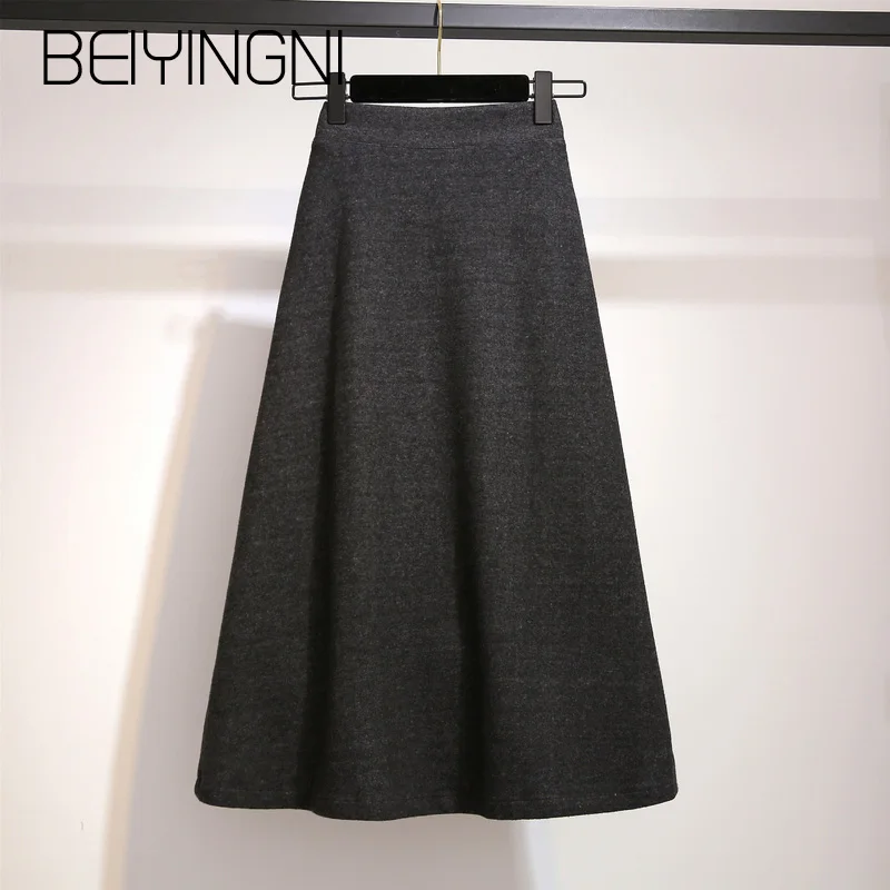 Beiyingni Autumn Knitted High Waist Skirt Women Large Size Vintage Office Lady Faldas Casual Simple A-line Skirts Saia Midi Warm - Цвет: Черный