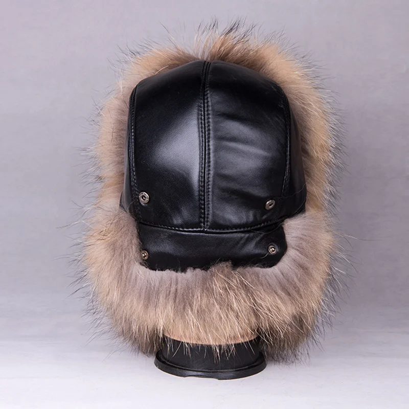 

Men Real Fox Fur Bomber Hats Leather Cover Winter Caps Fashion Ear Protector Headgear LF4302