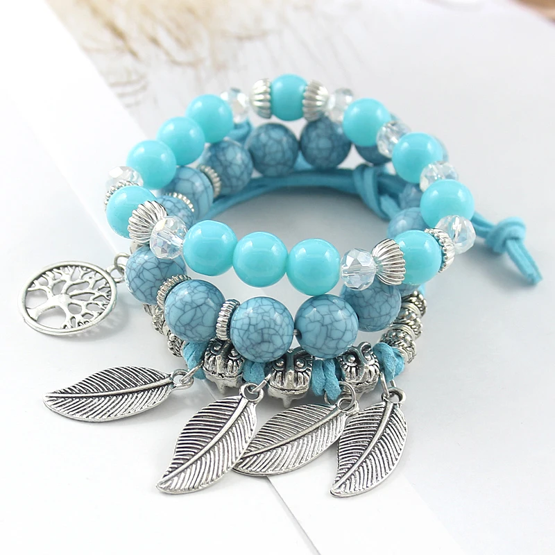 Natural Pattern bead Bracelet Multiple circles DIY Colorful Stone pattern crystal Bead Silver leaf Owl 3D carve Jewelry gifts | Украшения и