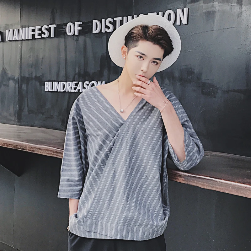 

S-XXL!!! 2018 Summer stripe shirt male before and after the V-neck pullover shirt The singer's clothing