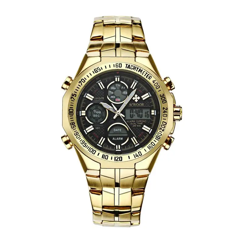 Gold Black Бренд WWOOR часы для мужчин роскошный Будильник хронограф часы сталь Led Дисплей военные часы мужские светящиеся водонепроницаемые часы - Цвет: Gold Black