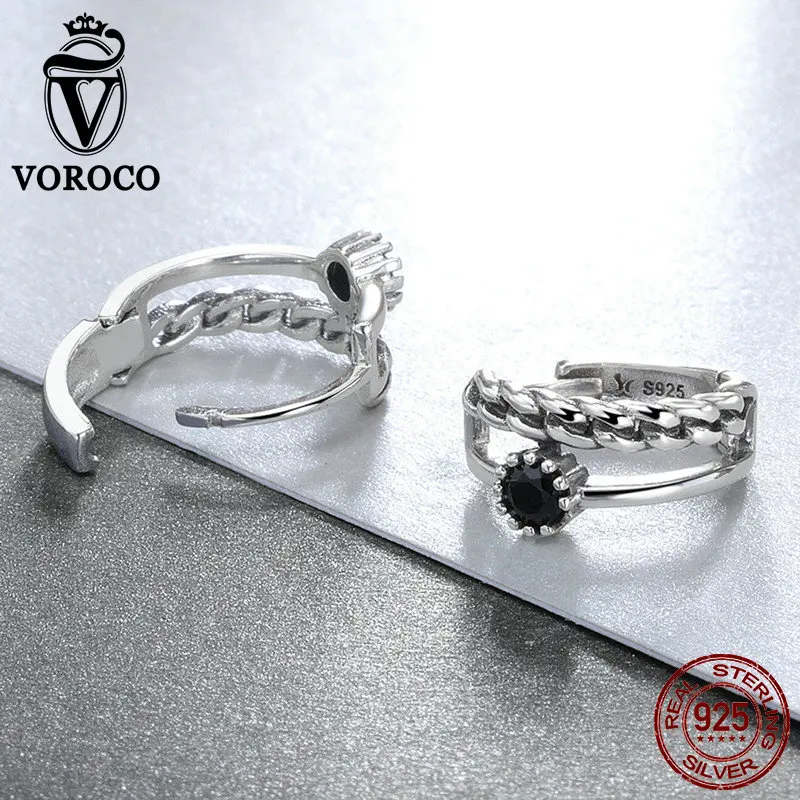 VOROCO подлинные 925 пробы серебряные черные CZ Винтажные серьги-кольца для женщин шикарные стильные S925 Роскошные ювелирные украшения подарок VSE145