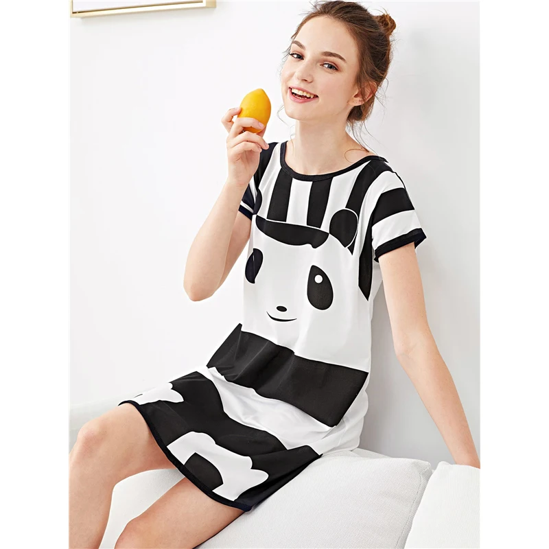 Dotfashion черный и белый с принтом панды в полоску Ночное платье для женщин короткий рукав пижамы повседневное летняя одежда для сна