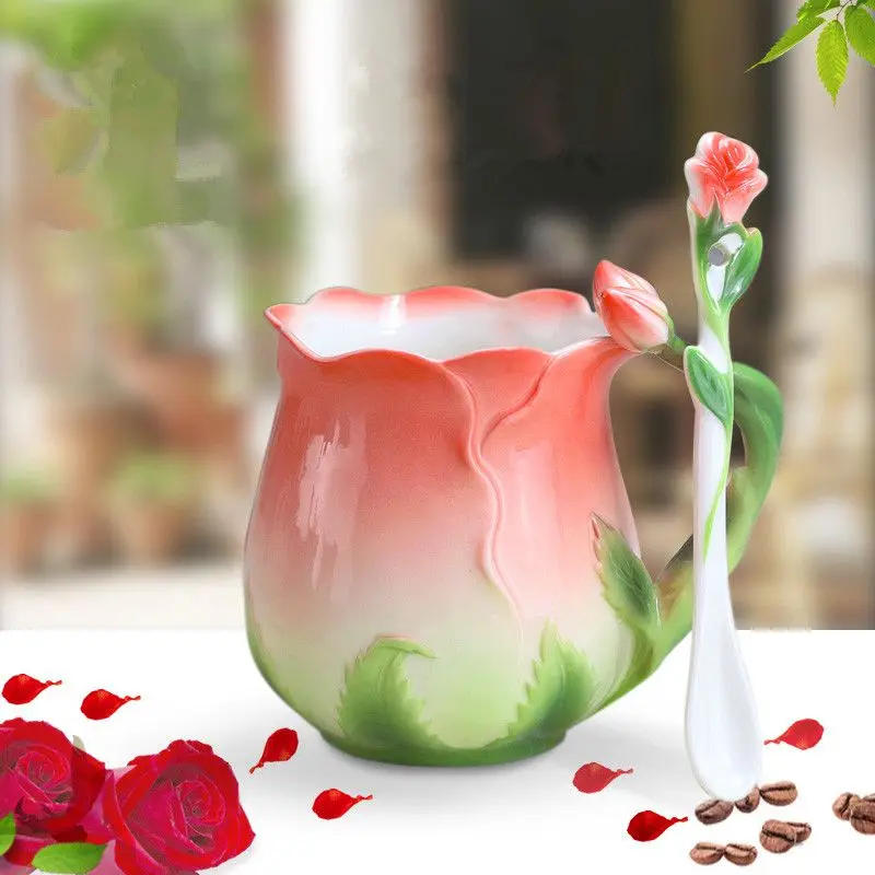 

3D Rose Mugs Color Enamel Porcelain Cup Drinkware Flower Coffee Cups Creative Mugs Ceramic with Spoon Coffee Milk Tea Sets