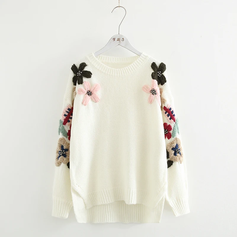 Милый Пуловер с объемной цветочной вышивкой и круглым вырезом шерстяной свитер
