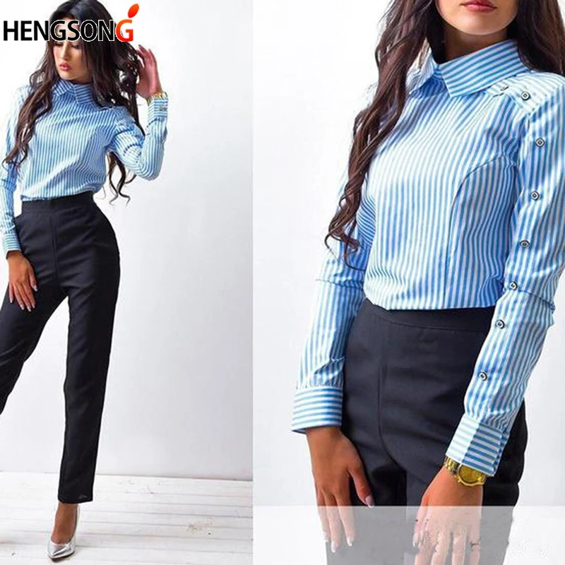 

2021 New Office Lady Shirt Tops Female Long Sleeve Button turn-down Collar Strippe Shirts Womens Tops And Blouse Blusa Clothes