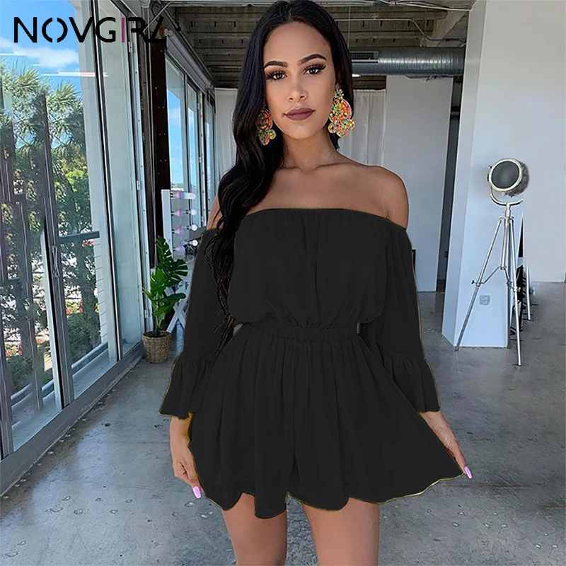 Novgirl Sexy Off Shoulder Chiffion Playsuit Rompers Women 2019 Summer Flare Sleeve Slim Waist Wide Leg Jumpsuit Yellow Overalls | Женская