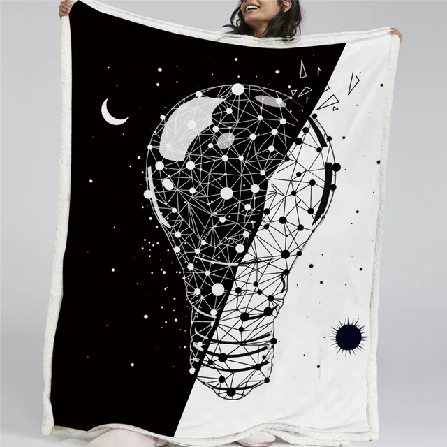 BlessLiving Earth Bulb Plush Blanket Black White Stylish Blankets For Beds Constellation Sun and Moon Throw Blanket Bedding New 2