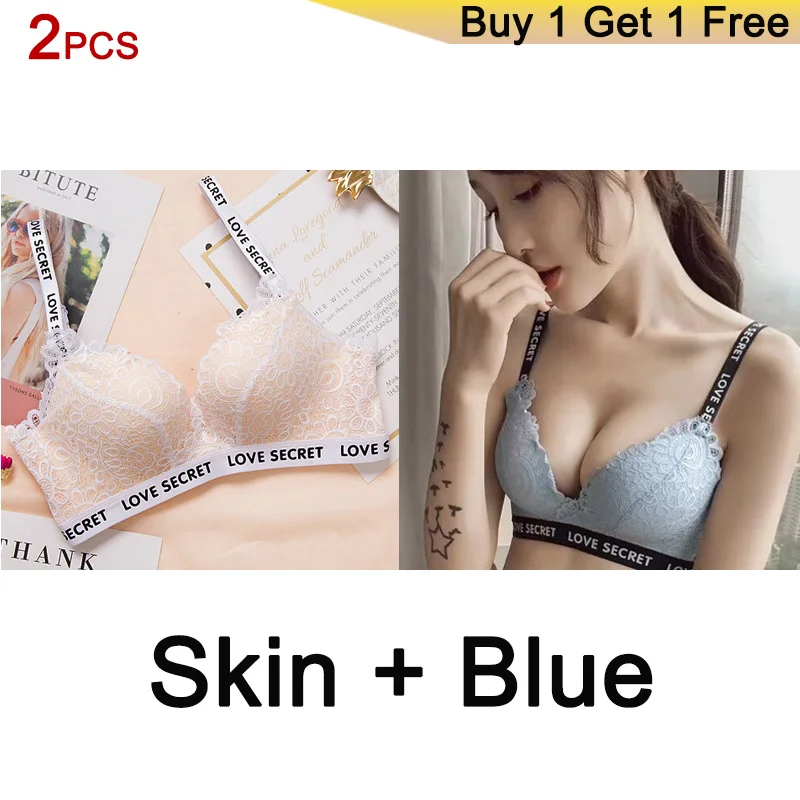 SKIN BLUE DERUILADY, 2 шт., кружевные цветочные надписи, бретели, бюстгальтер для женщин, плюс размер, сексуальное женское белье, комфортный Регулируемый беспроводной бюстгальтер, пуш-ап, женский бюстгальтер - Цвет: SKIN BLUE