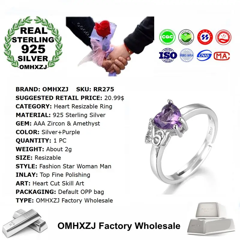 OMHXZJ Wholesale European Fashion Woman Man Party Wedding Gift Heart Purple Amethyst AAA Zircon 925 Sterling Silver Ring RR275 | Украшения