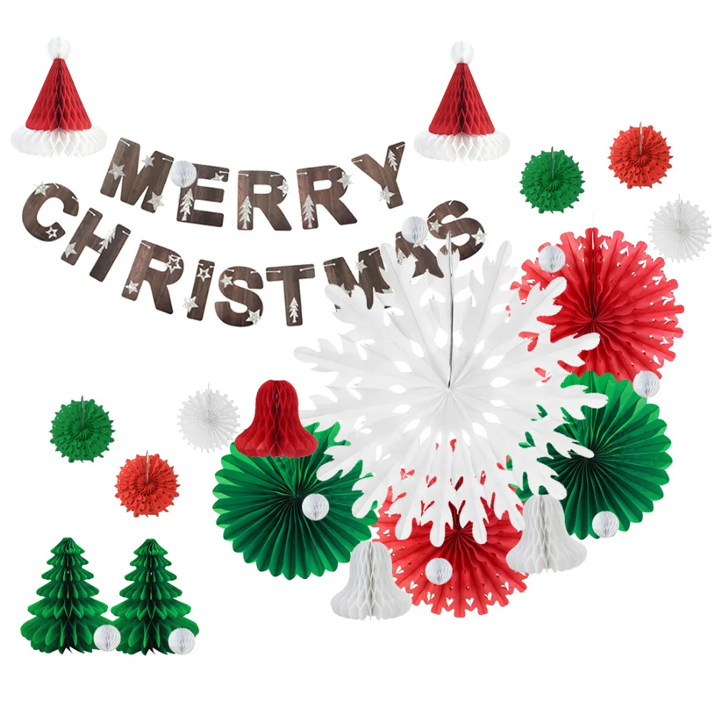 29pcs Xmas Decorations Set Merry Christmas Banner Tissue Paper Honeycomb Santa Hat Tree Bells Snowflake Fans Balls Noel Holiday | Дом и сад