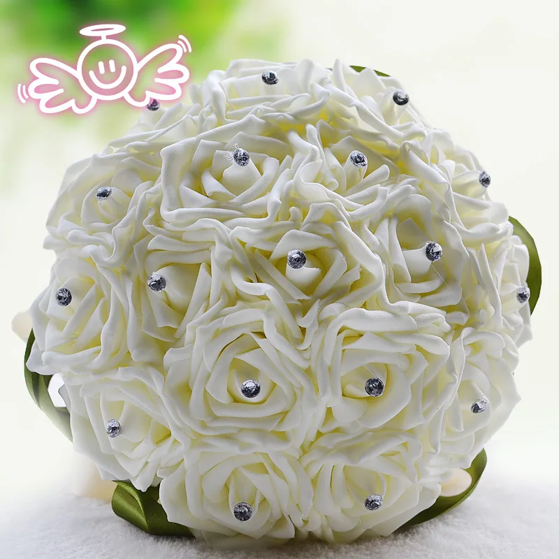 D&ampN Bridal Bouquet 2019 Round Anti-Diamond Cream Rose Ribbon Bow Artificial Simulation Wedding Burgundy Ramos De | Свадьбы и