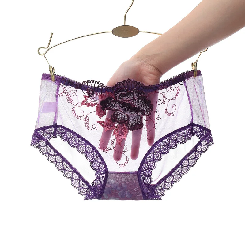 purple Jeseca,, сексуальные кружевные трусики, женское нижнее белье, хлопковые трусы с низкой талией, с вышивкой, прозрачные трусики для девушек размера плюс - Цвет: purple
