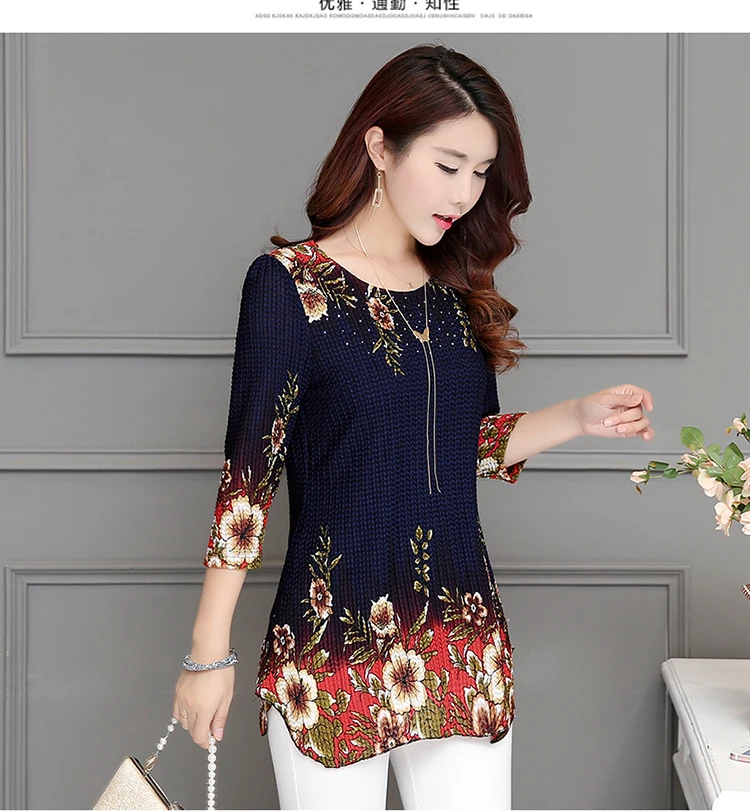 2017 женские элегантные рубашки с цветочным принтом три четверти рукава круглый