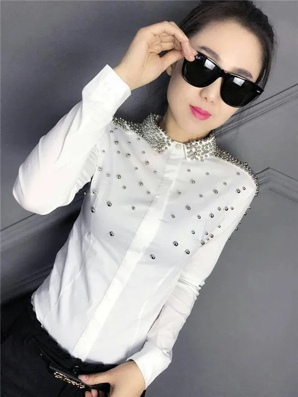 Женская винтажная блузка с бусинами однотонный топ длинным рукавом и отложным