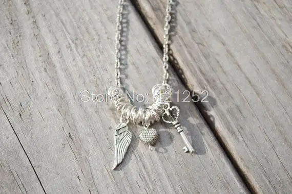 12pcs/lot Silver Charms Necklace Key and Heart Wing Gift | Украшения и аксессуары