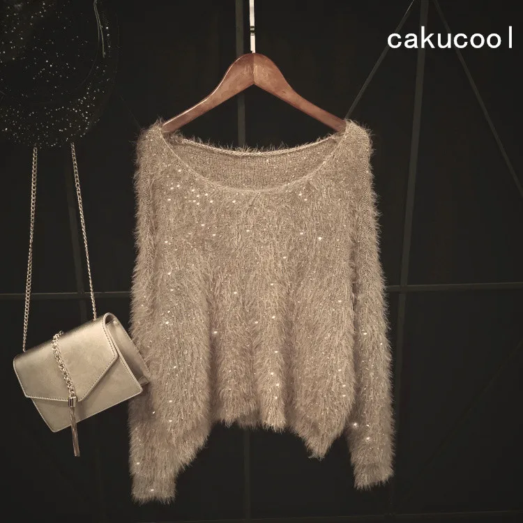 Cakucool блестками свитера Для женщин волосатые мохер с круглым вырезом толстый