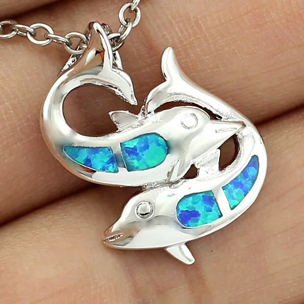 Haимис двойной Дельфин Синий огненный опал женский серебряный кулон для