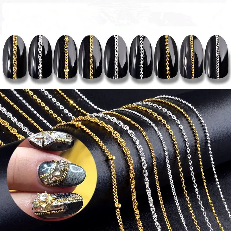 

Hot Sales Punk Style 50cm Glod Silver Color Manicure Metal Chain Art Decorative Chain Fashion Nail Metal Decoration Wholesale