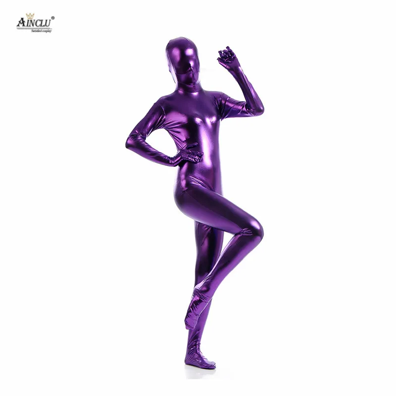 Ainclu Fullbody Фиолетовый Клей металлический зентай для Hallween Блестящий спандекс