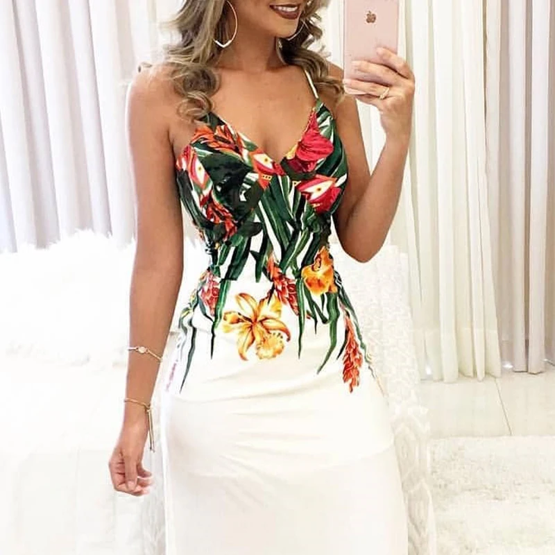 Women 2019 Summer Fashion Elegant Long Party Dress Female Tunic Floral Print Spaghetti Strap Deep V Slip Boho Maxi | Женская одежда