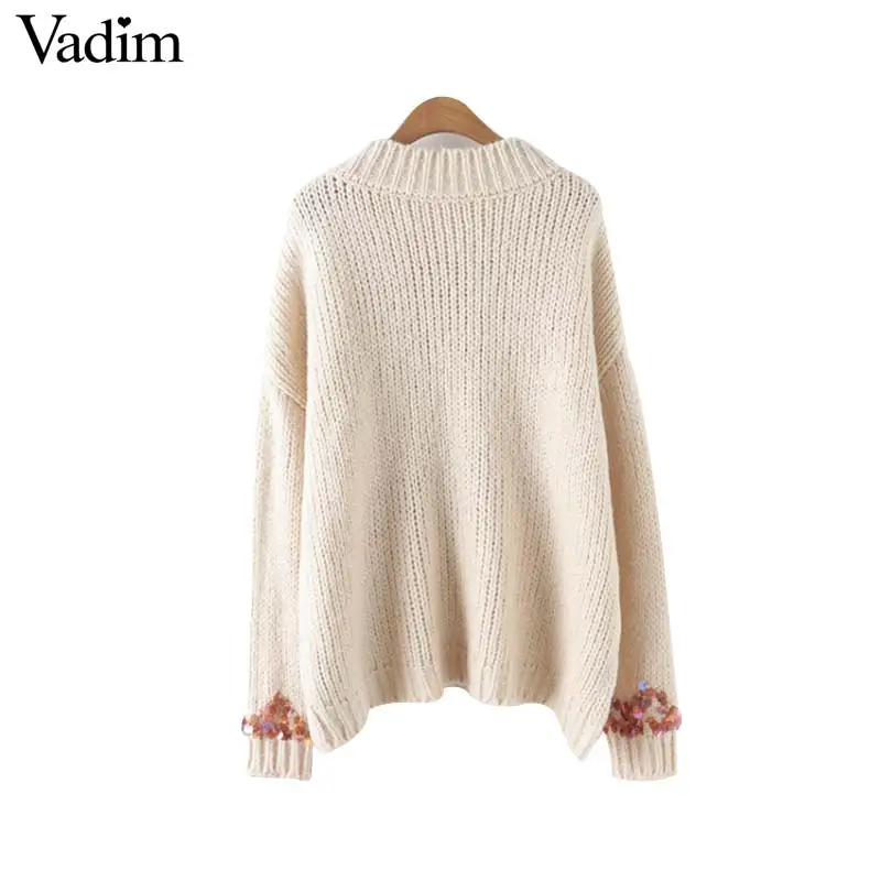 Vadim shiny sequined loose knitted sweater beading patchwork long sleeve o neck stretchy pullovers casual sweet tops HA226 | Женская