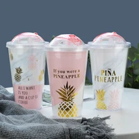 creative coffee mugs bpa free plastic water bottle pink pineapple pattern straw travel portable tea milk cup drinkware 420ml