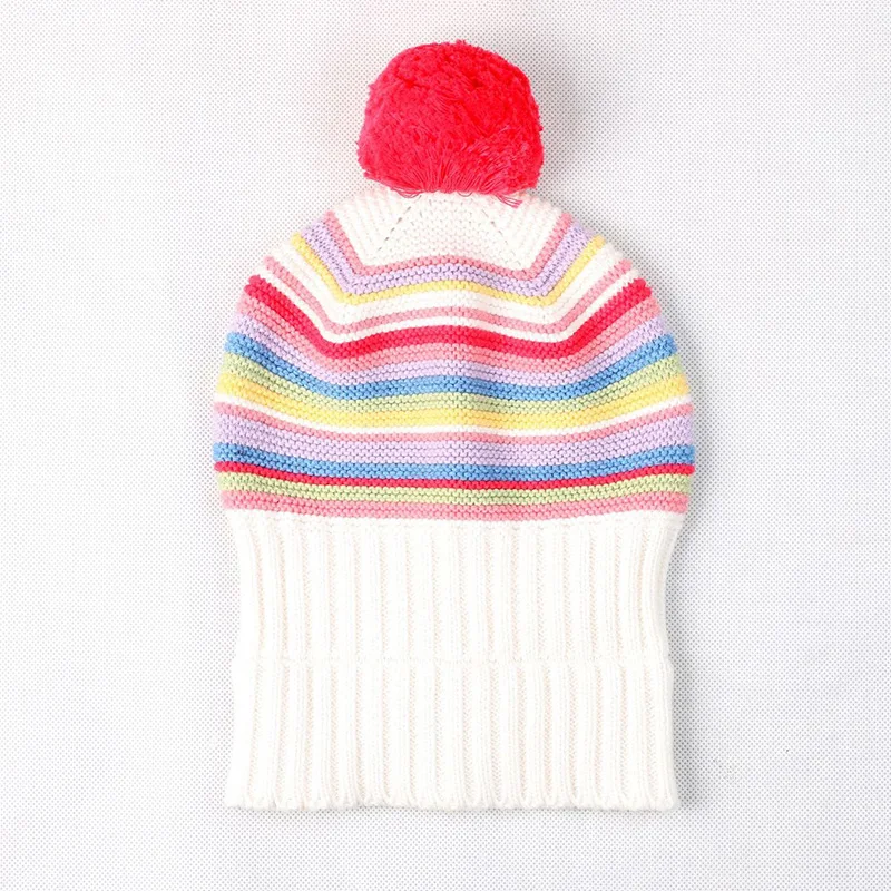 Rainbow Stripe Baby Beanies Warm Hat Winter Thick Crochet Cotton Infant Girls Caps High Quality Comfortable with Pompom 2019 New | Детская