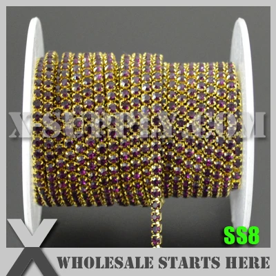 

SS8 Single Row CLOSE Rhinestone Cup Chain,Amethyst Rhinestone in Gold Chain for Wedding Decoration and Bridal Dress X1118