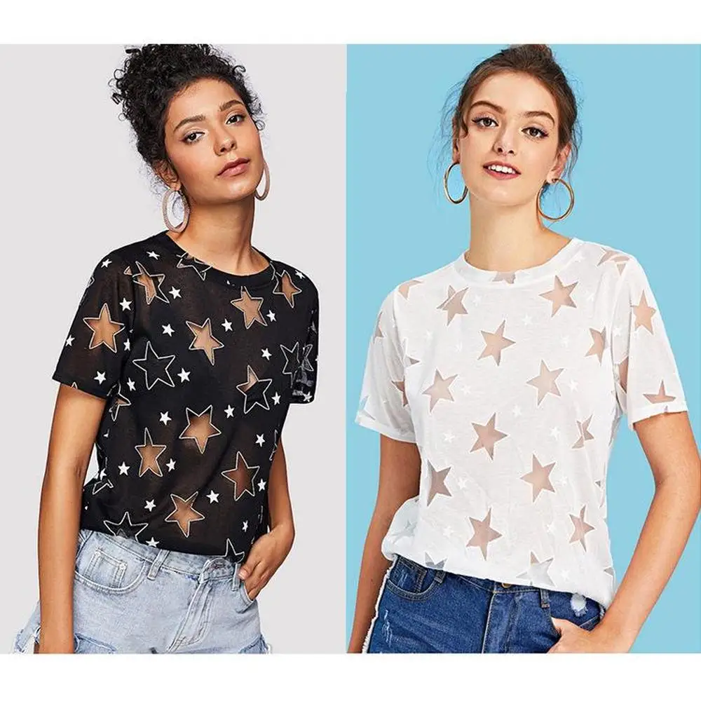 SanHuaZ 2019 Summer Women's T-shirts Tops Casual Beach O-neck Short Sleeve Star Gauze Slim Women | Женская одежда