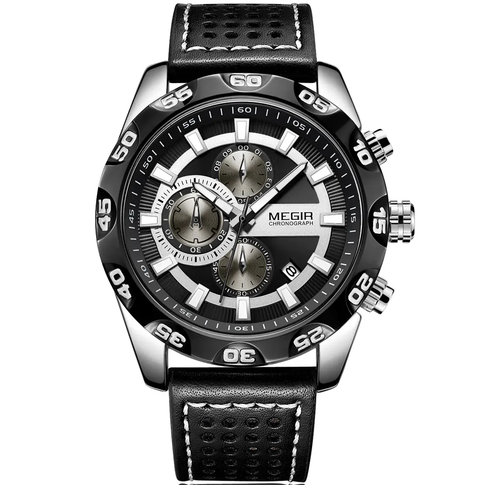 ML2096G-Black Megir Для мужчин армии спортивные часы кожаный ремешок Лидирующий бренд хронограф 3 бар Водонепроницаемый Светящиеся Наручные часы человек 2096 г белый - Цвет: ML2096G-Black