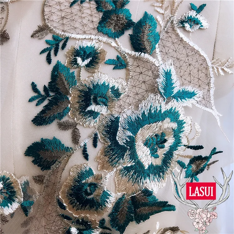 Кружевная аппликация LASUI 43*19 см зеленая и золотая нитка с вышивкой ювелирные