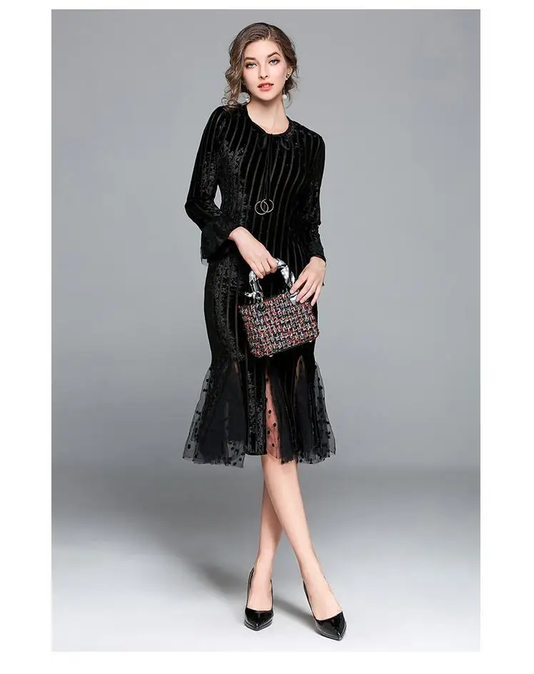 Fitaylor New Autumn Winter Women Elegant Velvet Dress Slim Tulle Patchwork O Neck Long Sleeve Knee-length Mermaid Party | Женская одежда